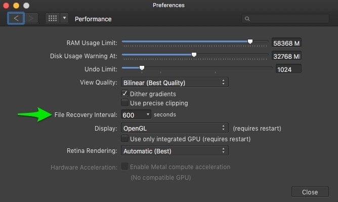 The Perfomance dialog under Preferences in Affinity Photo